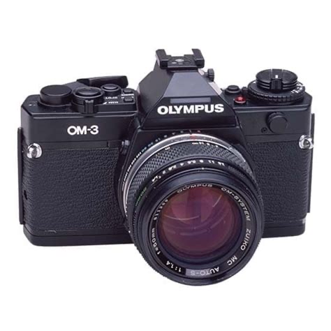 Front view of Olympus OM-3 35mm film camera with Zuiko lens
