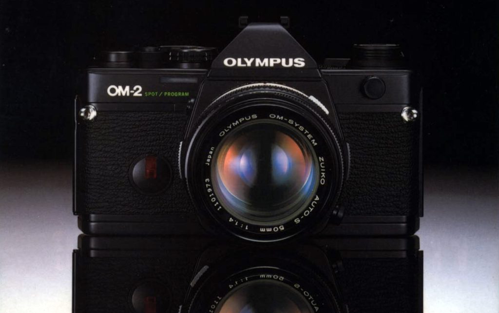 Front view of the Olympus OM-2SP Spot/Program camera with 50mm f/1.4 Zuiko lens